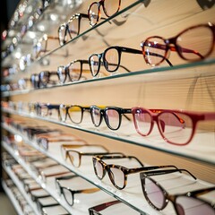exhibitor of glasses consisting of shelves of fashionable glasses shown on a wall at the optical shop