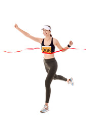 Sporty young woman crossing marathon finish line on white background
