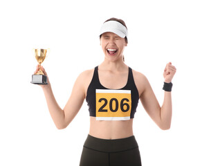 Sporty young woman with gold cup for winning marathon celebrating success on white background