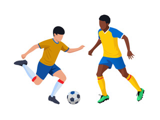 Cartoon vector illustration of a soccer player kicking a ball during a game
