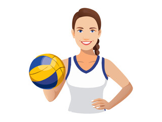 Young woman athlete smiles, holding a soccer ball