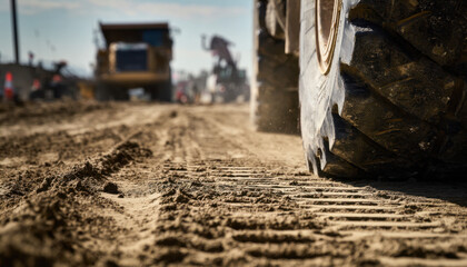 A close-up of the tire tracks left by a heavy construction truck on a dirt road, with large trucks in the background