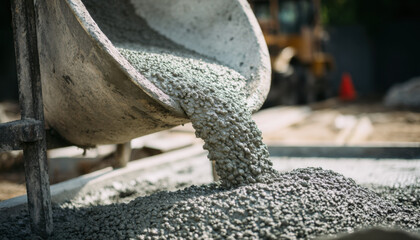 A construction site, close-up of the gray cement being poured from an industrial concrete mixer into a wheelbarrow full of sand and gravel, focus on pouring concrete in the background
