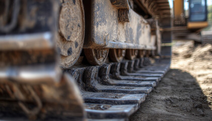 Close-up of the track on an excavator, showcasing its wear and tear from years of use in construction work