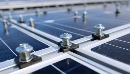 Close-up of a solar panel installation on a roof, with bolts and nuts visible