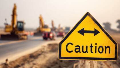 A yellow and black sign with an arrow and the outline of the road ahead, with a “Caution” sign indicating construction workers working on the highway