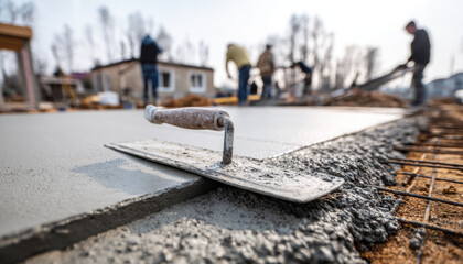 A freshly poured concrete screed is being smoothed with a trowel on a construction site of a house