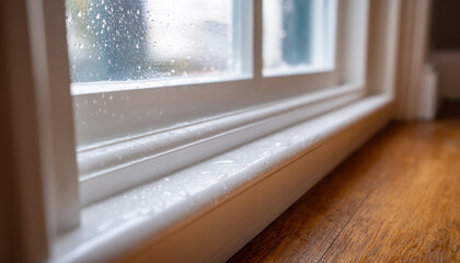 Close-up of a window sill with white plastic trim