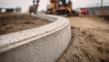 Close-up of a curved concrete border on an outdoor construction site, showcasing the precision and quality in its creation