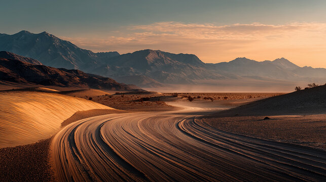 Golden desert sunset with winding tire tracks across sand dunes and distant mountains, capturing adventure and natural beauty in a remote arid landscape