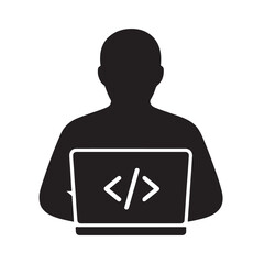 Programmer Icon Coding on Laptop Developer Silhouette with Code Tag