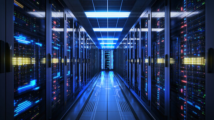 Cinematic server room with synchronized glowing light and reflective floor creating futuristic and high tech atmosphere in data center corridor