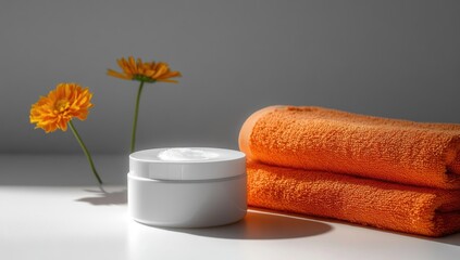 White jar of cream with orange towels and flowers