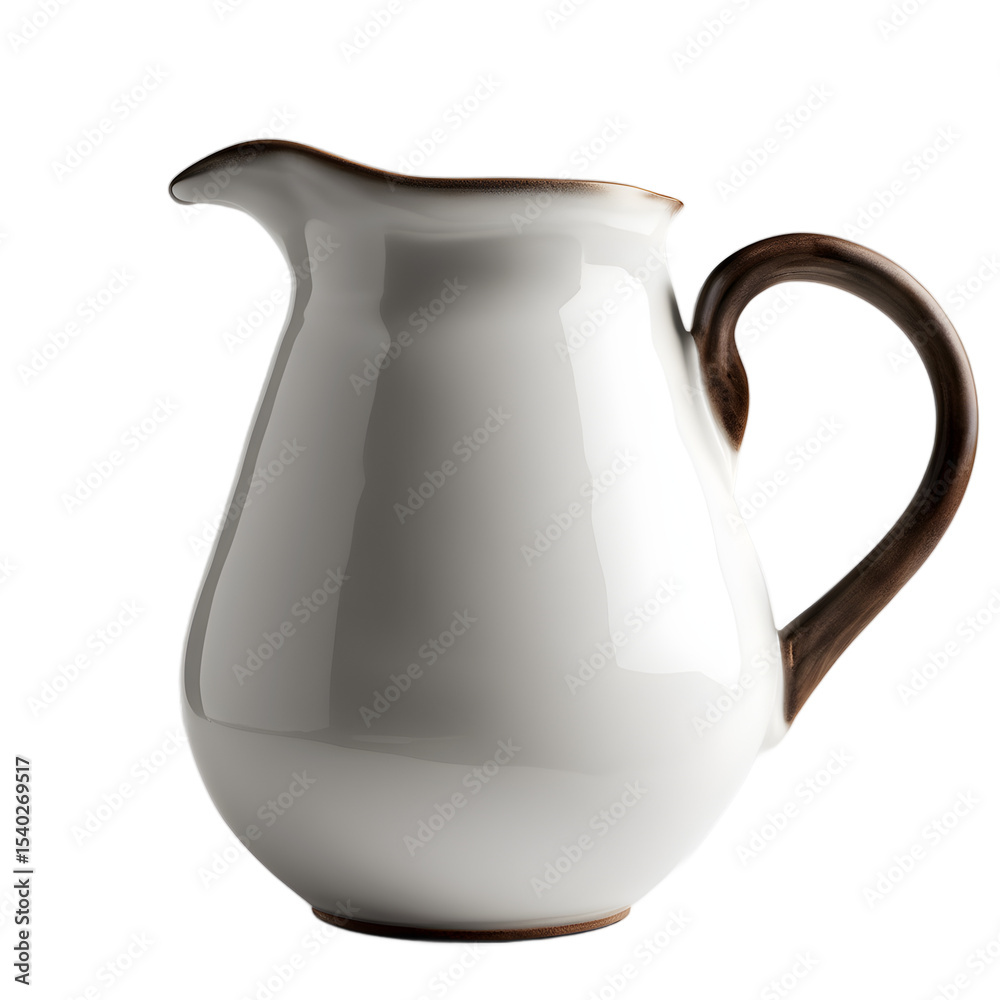 Poster a ceramic water pitcher with handle and spout, isolated on a empty plain background