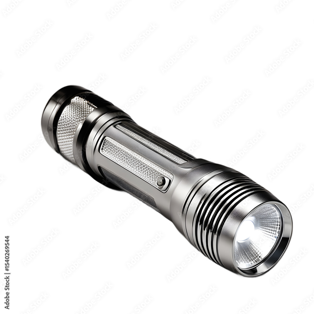 Poster A hand-held flashlight (torch) with LED light, isolated on a empty plain background