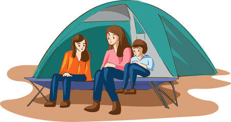 Fototapeta premium Family Camping: A tranquil family scene unfolds as a mother and her two children relax comfortably on a foldable camping bench. The family engages with each other under the shelter of a tent.