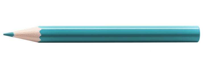 Teal wooden pencil with sharpened tip and white eraser, horizontal position, isolated on transparent background.