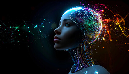 女性の横顔のAIロボット、見つめる瞳、脳と回路が融合したイラスト素材、生成AI画像