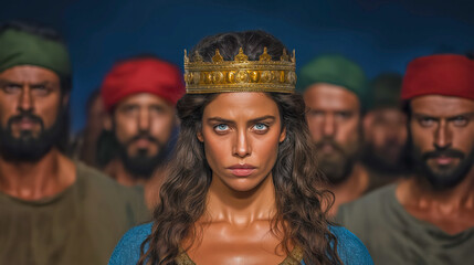 Elegant portrait of a biblical queen, radiating beauty, dignity, and strength, adorned in ancient royal attire.
