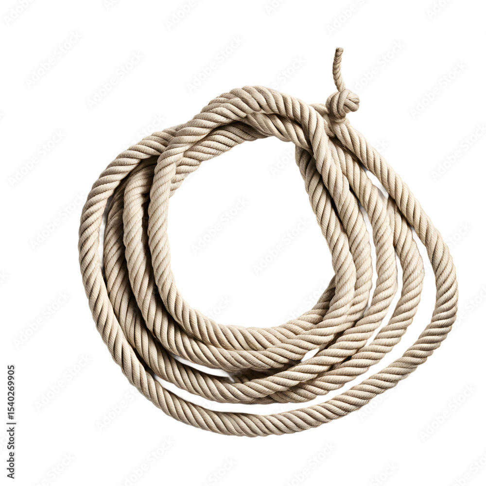 Poster a coiled rope lasso with knot, ready to throw, isolated on a empty plain background
