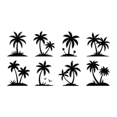 Obraz premium Black silhouette collection of diverse palm trees on small islands or ground levels