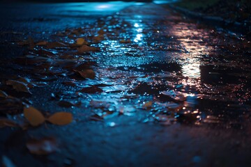 Rain-Kissed Pathway: A low-angle shot captures a serene, wet pathway illuminated by soft, diffused lights, reflecting off the glistening pavement and scattered autumn leaves.