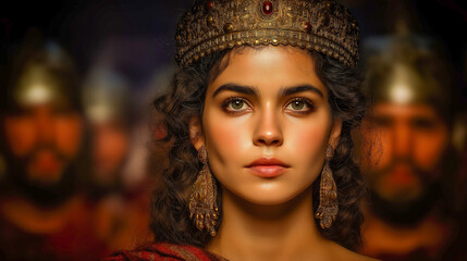 Elegant portrait of a biblical queen, radiating beauty, dignity, and strength, adorned in ancient royal attire.