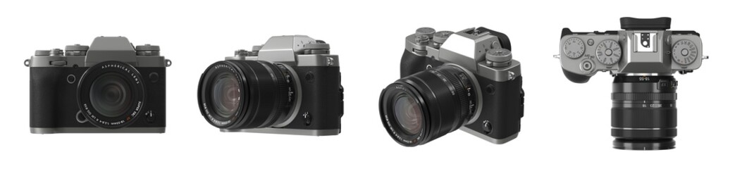 camera is shown in four different angles isolated. camera has a black leather body and a black lens.