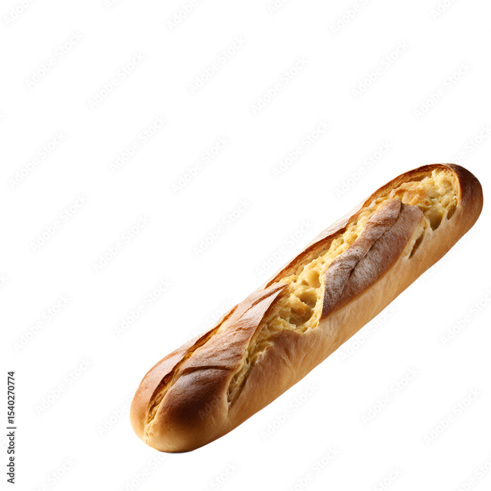 Poster a fresh french baguette with golden crust, isolated on a empty plain background