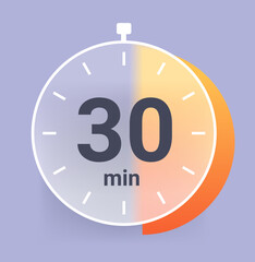 Thirty minutes clock icon in glass morphism style. 30 min vector illustration