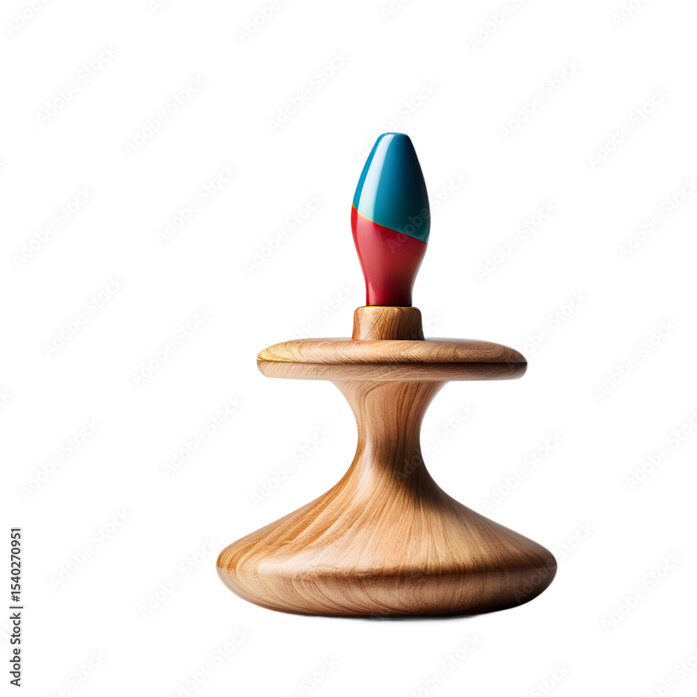 Poster a colorful spinning top with wooden handle, isolated on a empty plain background