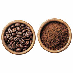 Fototapeta premium Roasted coffee beans and ground coffee in wooden bowls, top view, isolated on transparent background.