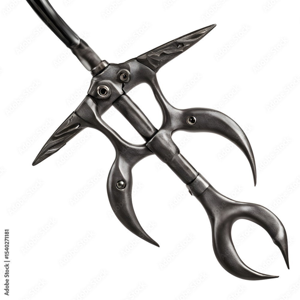 Poster a grappling hook with four curved claws, isolated on a empty plain background