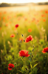 Obraz premium Red poppies in green field bathed in golden sunlight.