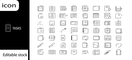 A collection of task related icons in black and white showcasing various document and writing tools symbols