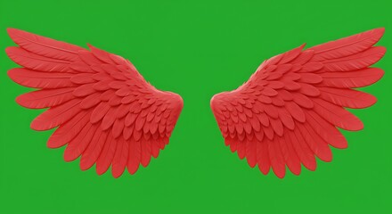 vector cartoon red angel wings with soft feathers, spread open, centered on isolated green screen background
