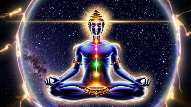 Cosmic yogi meditating in the vast universe, showcasing visible seven chakras while surrounded by twinkling stars and vibrant nebulae, radiating a bright golden halo of energy