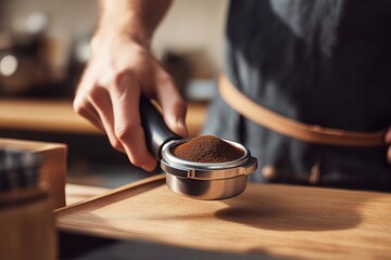 Preparing freshly ground coffee in a cozy kitchen with natural light in the morning