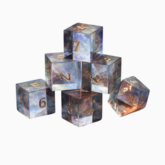 Stack of iridescent gemstone polyhedral dice
