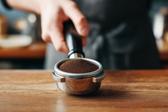 Barista preparing freshly ground coffee in a café environment during the morning rush