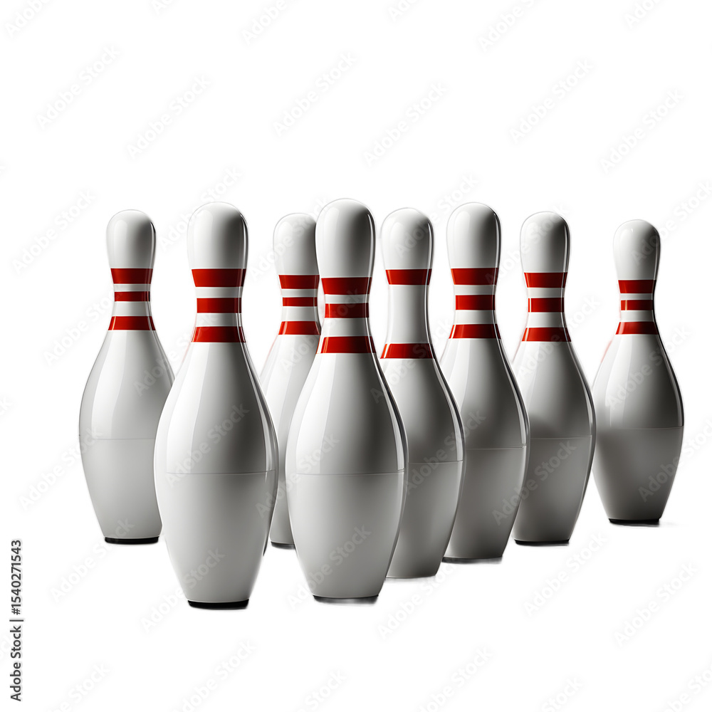 Poster a full set of bowling pins (quilles) arranged in triangle, isolated on a empty plain background
