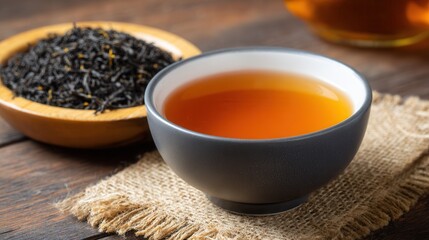 Black tea in ceramic cup with loose leaves on burlap and wooden table setting.