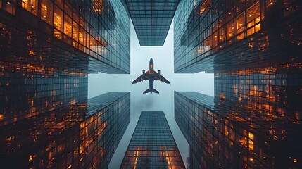Jet plane soaring between towering glass skyscrapers in a modern city skyline