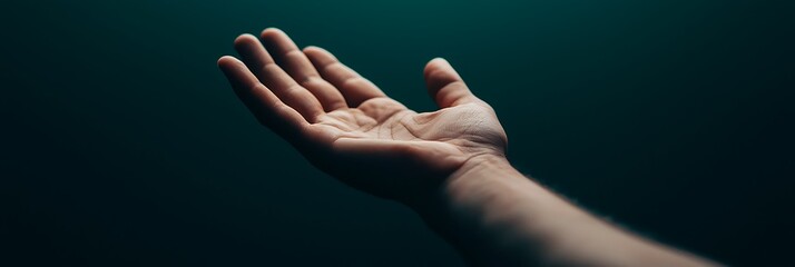 Fototapeta premium A close-up of an outstretched hand against a dark, blurred background, highlighting the palm and fingers in a welcoming gesture.