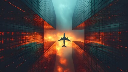 Futuristic city skyline with airplane flying between skyscrapers