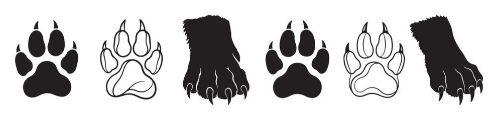 Collection of Bear Paw Prints: Detailed Illustrations of Various Bear Paws and Claws for Design Projects