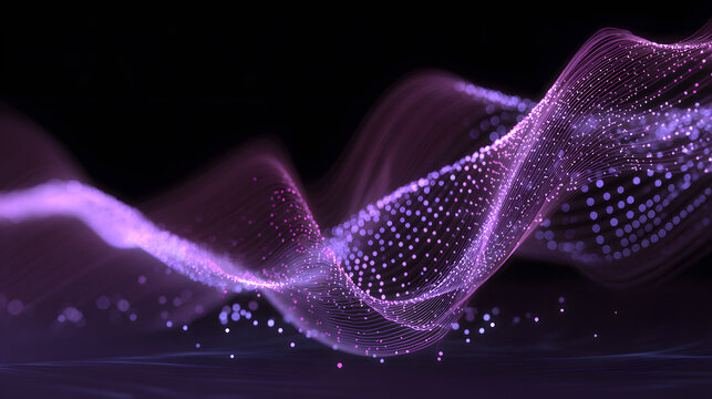 Flowing wave shapes with glowing purple highlights, dotted with floating digital particles
