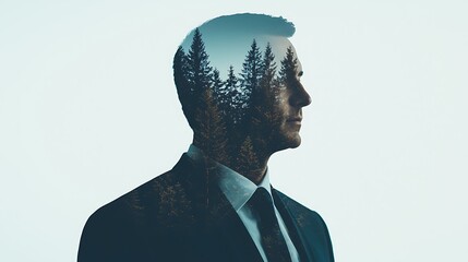 A double exposure image combining a businessman"s silhouette with a forest of tall pine trees.