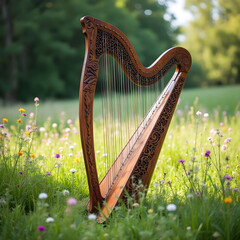 Obraz premium Still life of a Celtic harp adorned with intricate carvings, set in a lush green meadow during a sunny spring day, with wildflowers blooming around it.