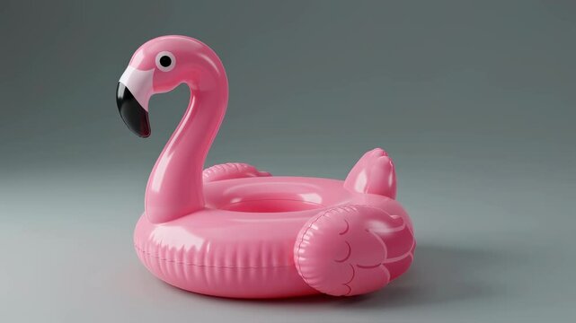 Pink flamingo swim ring isolated on grey background. Tropical summer holiday concept. Fun pool float for vacation enjoyment 3d animation.